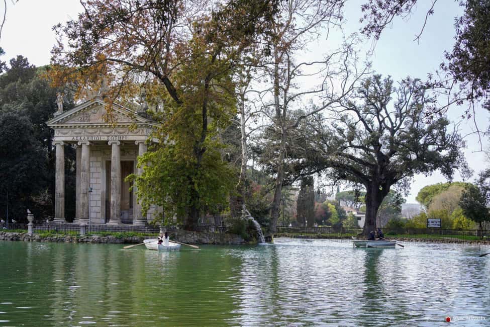 ROME: Villa Borghese Lake tour by boat paddling independently +aperitivo - Temple of Aesculapius: Why This Neoclassical Island Hits So Hard